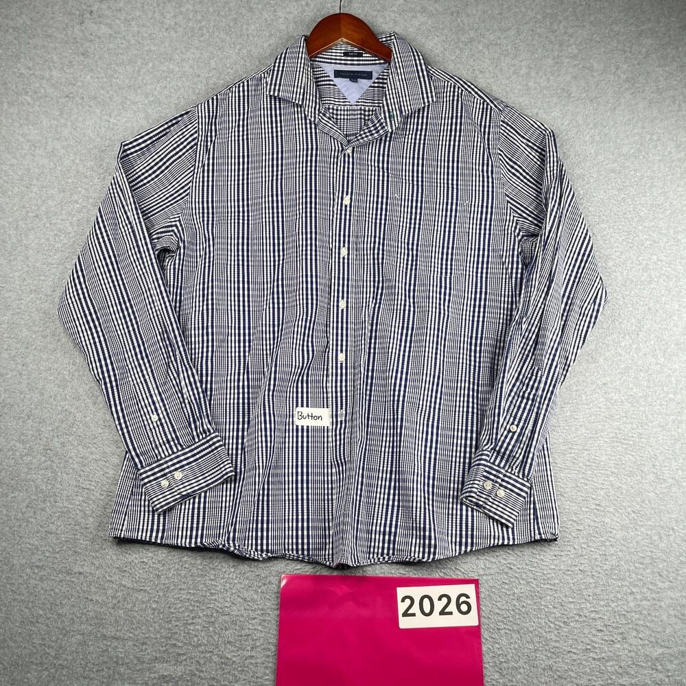 Tommy Hilfiger Slim Fit Shirt Navy Blue Plaid Button Up Long Sleeve Mens 17.5